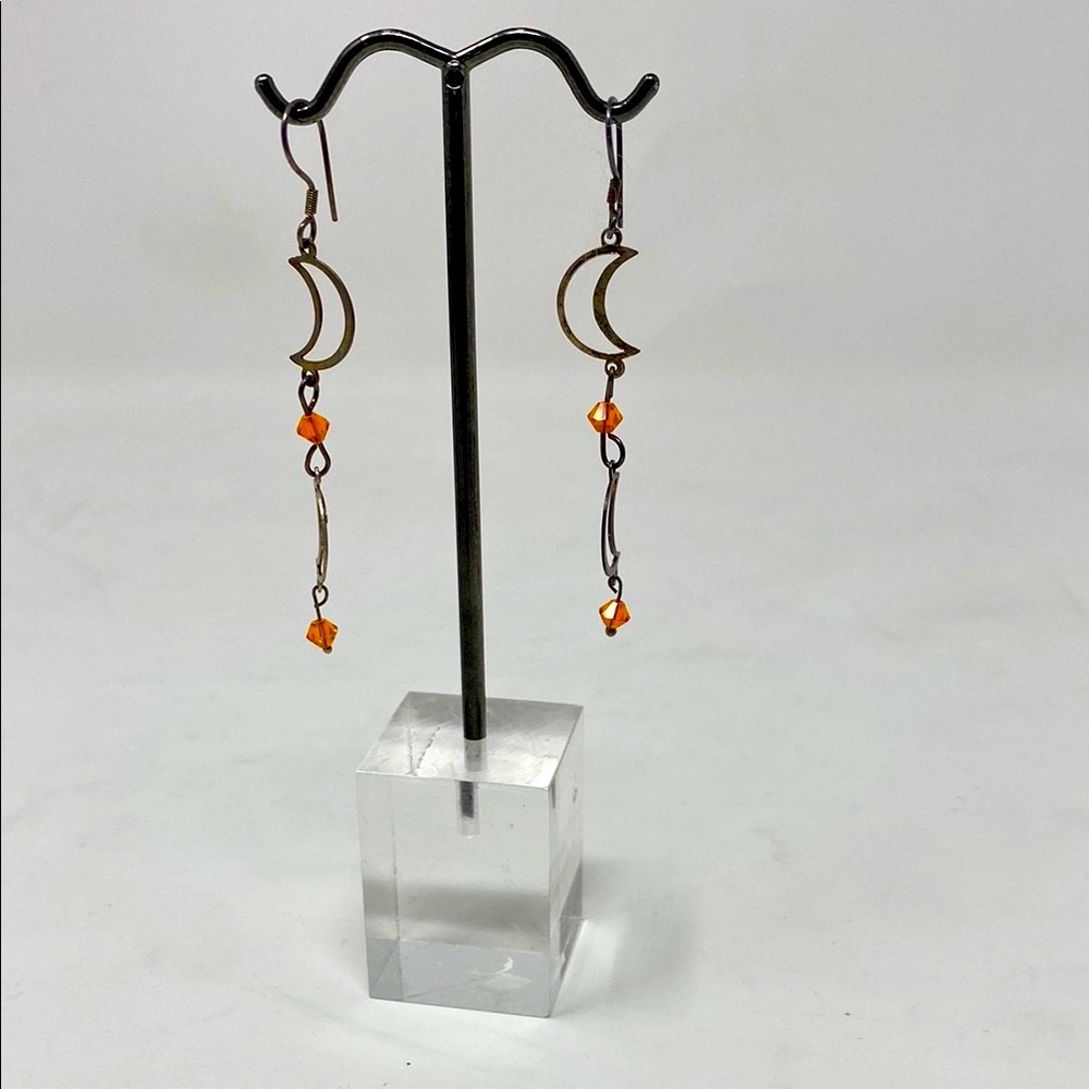 Elegant Crescent Moon Dangle Earrings silver sterling.925 with orange Swarovski